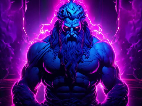 Zeus, the king of gods, sits on his throne in Mount Olympus. He is surrounded by lightning bolts and has an angry expression on his face.