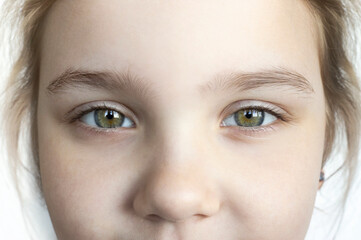 Caucasian child girl look close up. Look.Kid sight.Little girl face.Person with green eyes.