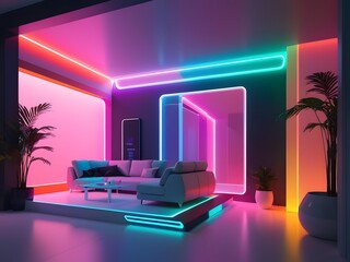 Futuristic Living Room with Neon LED Lights, Modern Furniture, and Indoor Plants Illuminated by Multicolored Glowing Lines.
