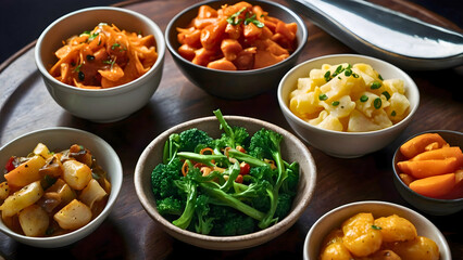 Various types of salads, consisting of various vegetables that are served as a side dish.