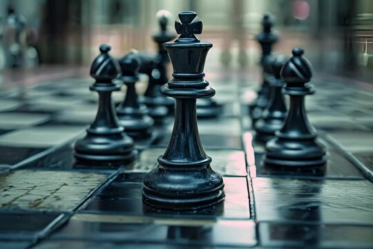 Black chess pieces on a chessboard.