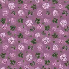 Fototapeta na wymiar Seamless floral pattern of roses on a pink background with leaves and buds. Watercolor Hand drawn illustration for textile, wallpaper, decoration.