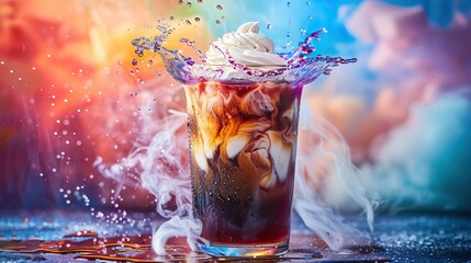 A dynamic splash surrounds an iced coffee topped with whipped cream - obrazy, fototapety, plakaty