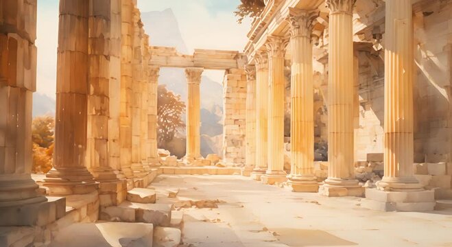 An ancient Greek temple in ruins, with sunlight shining through the columns.