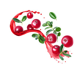 Ripe cranberries with leaves in splashes of juice isolated on white background