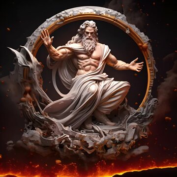 A muscular Zeus with long white beard in a contrapposto pose, standing on a rock. He is wearing a flowing white toga and has a golden ring behind him. The background is black.