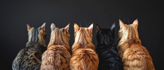 kittens taken from behind sit in a row and watch isolated in front of a black background 