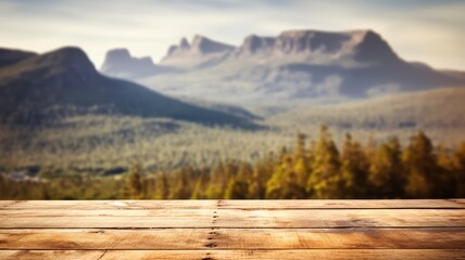 Fototapeta premium The empty wooden brown table top with blur background of Cradle mountain in Tasmania. Exuberant image. generative AI