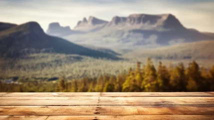 Poster The empty wooden brown table top with blur background of Cradle mountain in Tasmania. Exuberant image. generative AI © Summit Art Creations