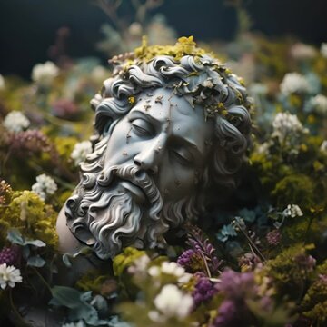 A highly detailed 3D render of a marble statue of a bearded man's head laying in a bed of overgrown moss and flowers.