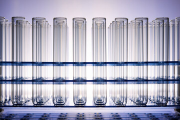 Glass test tubes placed in a laboratory rack