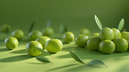 green olives A photorealistic illustration against pastel pastel green background with copy space for text or logo, beautifully illuminated by studio lighting 