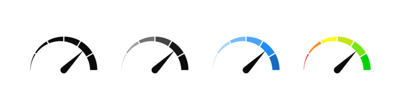 Speedometer icon, tachometer icon. Speed indicator icon set. Rating meter signs performance concept. Dashboard level scale icon. vector illustration	
