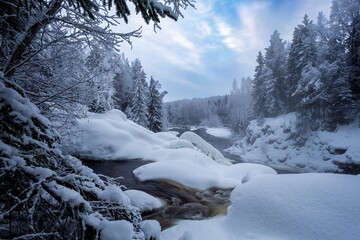 winter landscape in Karelia, river covered with ice and snow
