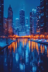 A cityscape at night with illuminated skyscrapers reflecting in a calm river. AI generate illustration