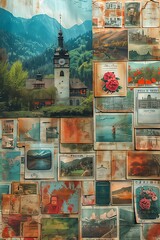 A collage of vintage postcards for a nostalgic wallpaper. AI generate illustration