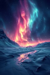 A digital representation of an aurora borealis lighting up the night sky. AI generate illustration - obrazy, fototapety, plakaty