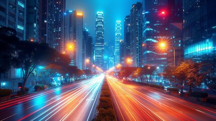 Fototapeta na wymiar A dynamic and energetic cityscape with streaks of car lights at night. AI generate illustration