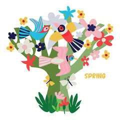 A bright illustration with a tree with birds and flowers in the doodle style. Pink, Blue, Green, Yellow, Red. Spring. For children's books, postcards, notebooks.