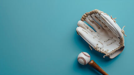 White baseball glove, bat on Blue background, Generative AI - obrazy, fototapety, plakaty