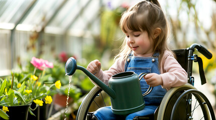 cheerful independent girl in Wheelchair watering Plants with watering can in a Greenhouse