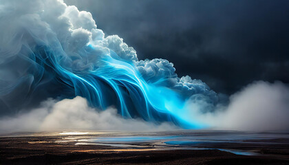 Abstract scenery with electric blue smoke on dark background. Fog and clouds. Dramatic scene.