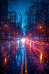 A dynamic and energetic cityscape with streaks of car lights at night. AI generate illustration