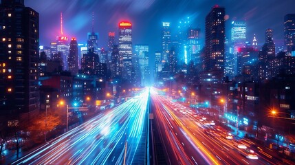 A dynamic and energetic cityscape with streaks of car lights at night. AI generate illustration - obrazy, fototapety, plakaty