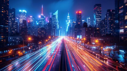 Fototapeta na wymiar A dynamic and energetic cityscape with streaks of car lights at night. AI generate illustration