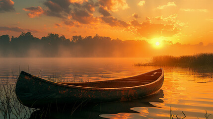 Serene lakeside at dawn, a canoe resting by the water's edge, the first light reflecting softly - obrazy, fototapety, plakaty