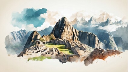Machu Picchu and Cusco cityscape double exposure contemporary style minimalist artwork collage illustration. - obrazy, fototapety, plakaty