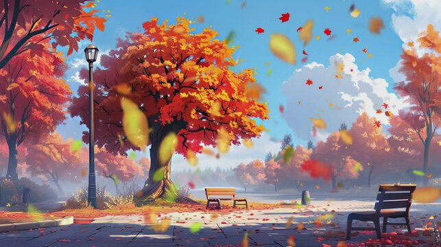 Falling tree leaves in the park. Autumn maple leaves scenery with blue sky. Cartoon anime seamless looping animation. Generative AI