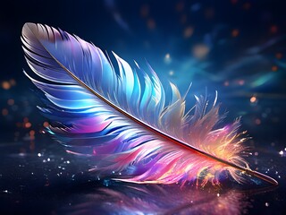 Beautiful colorful bird feather on blue background