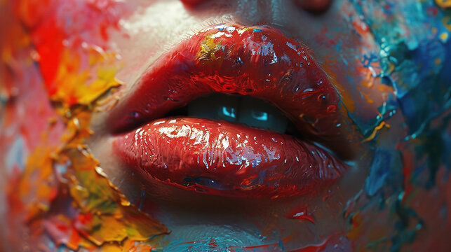 Close-Up of Colored Paint or Lipstick On Beautiful Women Wet Lips Background Blur