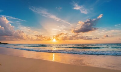 Wide golden sunset over beach with beautiful sky, tranquil relaxing atmosphere, summer mood, calmness holiday vacation theme.