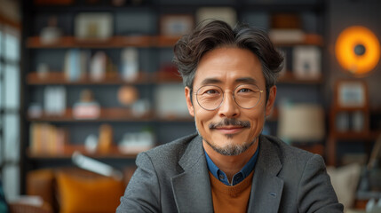 Obraz premium A Asian man with a beard and glasses is sitting in front of a shelf with a clock on it. Photo of an Asian man sitting at his desk in a neat office interior