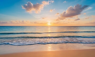 Obraz premium Wide golden sunrise over beach with beautiful sky, tranquil relaxing atmosphere, summer mood, calmness holiday vacation theme.
