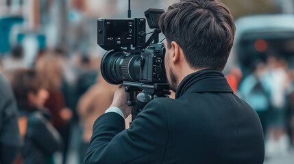 Journalist Capturing the Scene, A focused journalist behind a professional camera on a bustling set, ready to shoot
