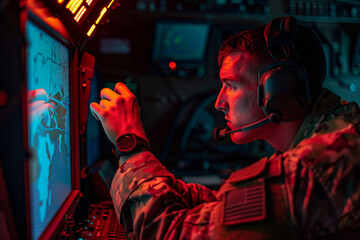 An intense photograph of military surveillance officer analyzing reconnaissance imagery with utmost concentration, highlighting the importance of intelligence gathering in defense. - obrazy, fototapety, plakaty