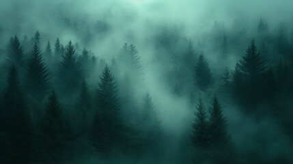 A serene and foggy forest with tall trees disappearing into the mist. AI generate illustration
