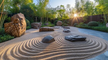 Fototapeta na wymiar A serene and tranquil Zen garden with raked sand and carefully placed rocks. AI generate illustration