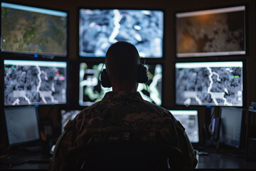 An intense photograph of military surveillance officer analyzing reconnaissance imagery with utmost concentration, highlighting the importance of intelligence gathering in defense.