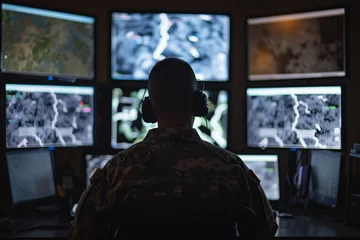 Foto op Canvas An intense photograph of military surveillance officer analyzing reconnaissance imagery with utmost concentration, highlighting the importance of intelligence gathering in defense. © forenna