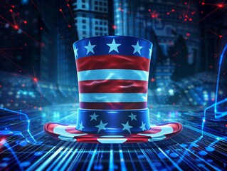 A stylized Uncle Sam s top hat decorated with stars and stripes , Technology concept, futuristic background