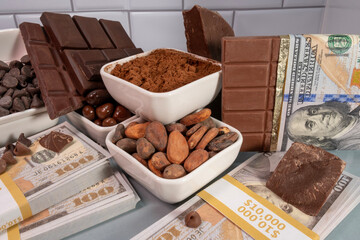 Concept of rising prices of chocolate. Chocolate bars, powder, beans, chips with stacks of 100...