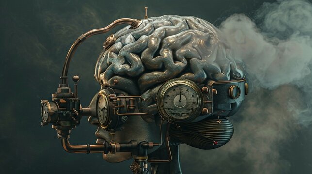 A Victorianinspired steampunk brain with steam vents and brass fittings, mixing old industrial aesthetics with the concept of thought
