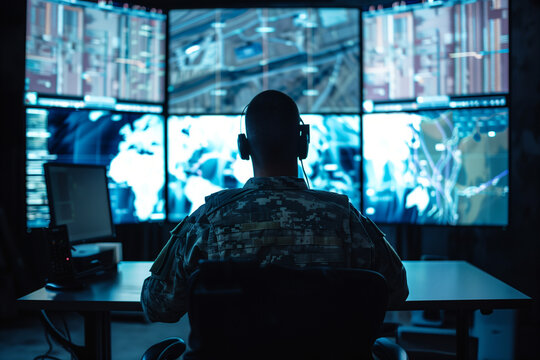 A focused military surveillance officer monitoring screens of data in a high-tech command center, showcasing precision and vigilance.