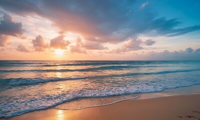 Panoramic golden sunrise over beach with beautiful sky, tranquil relaxing atmosphere, summer mood, calmness holiday vacation theme.