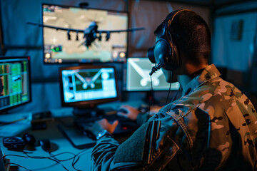 military surveillance officer analyzing data feeds from unmanned aerial vehicles (UAVs), showcasing the integration of technology in modern reconnaissance missions.