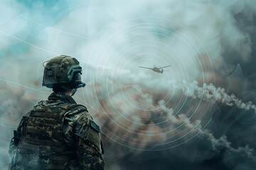 dynamic composition featuring a military surveillance officer conducting aerial reconnaissance, demonstrating the expertise and dedication required for effective surveillance opera